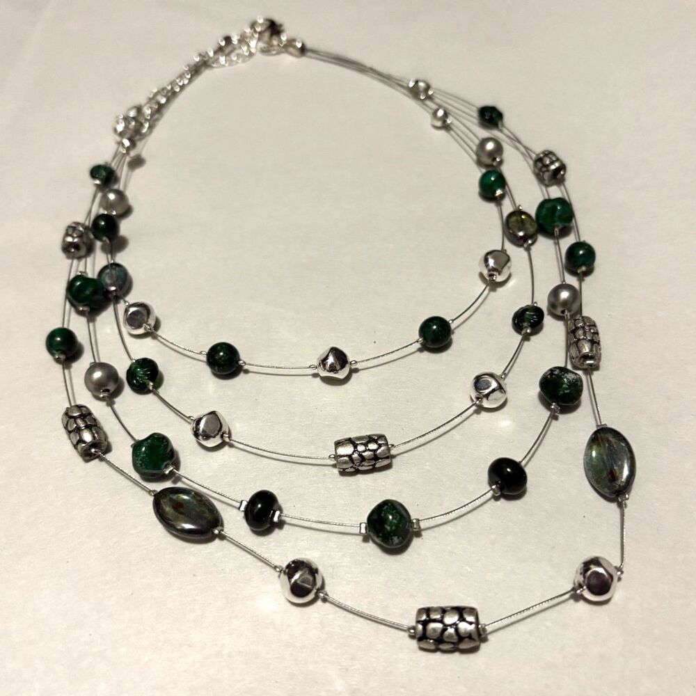Chico's Four‎ Strand Floating Bead Wire Necklace Silver Tone & Green
